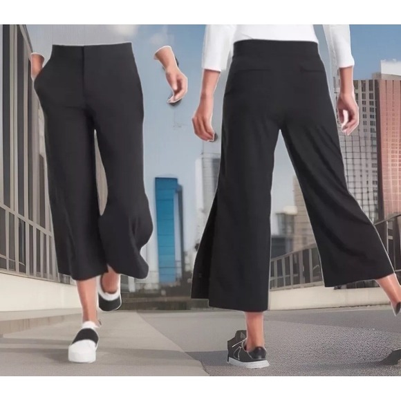 Athleta tribeca crop pants Wide Snap Leg Stretch Sz 8 Black Pockets Gaucho Style - Picture 1 of 11